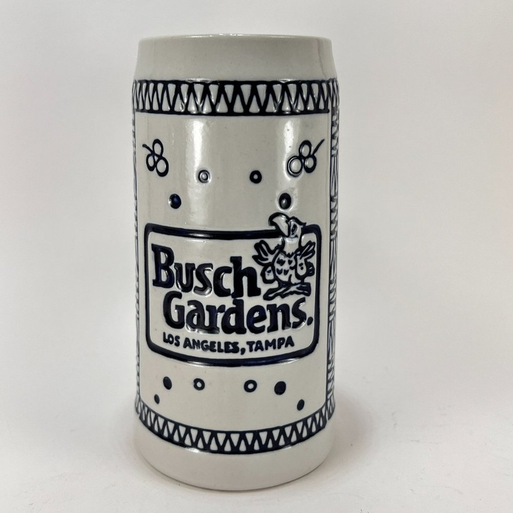 Vtg Busch Gardens Stoneware Mug Barware Ceramarte Parrot Blue White 18 oz 70's